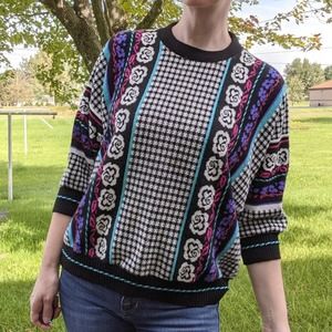 Vintage 80s Bay Point Threads Floral Houndstooth Multicolor Crewneck Sweater L